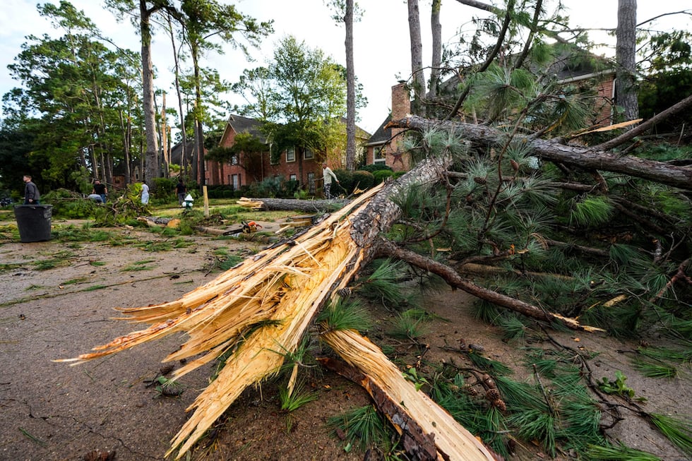 Personas limpian los daños causados por clima tempestuoso en la subdivisión Memorial...