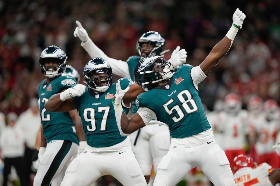 Philadelphia Eagles linebacker Jalyx Hunt (58) celebrates after sacking Kansas City Chiefs...